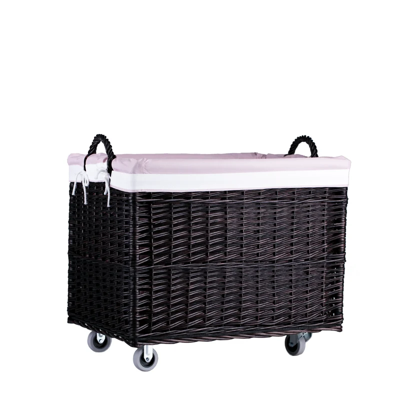 Salux wicker basket with pink lining and wheels TheWickerStories