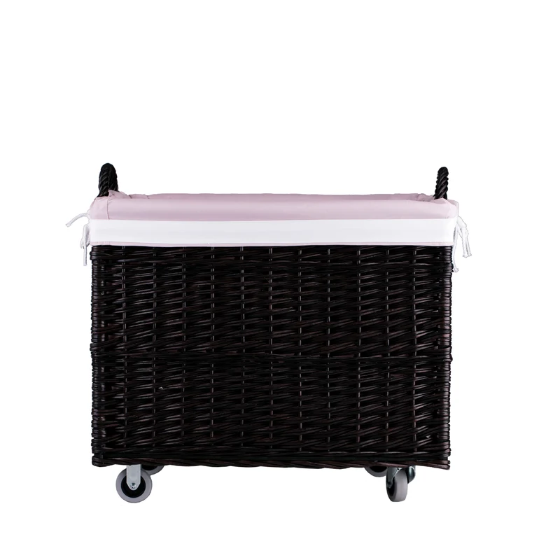 Salux wicker basket with pink lining and wheels TheWickerStories