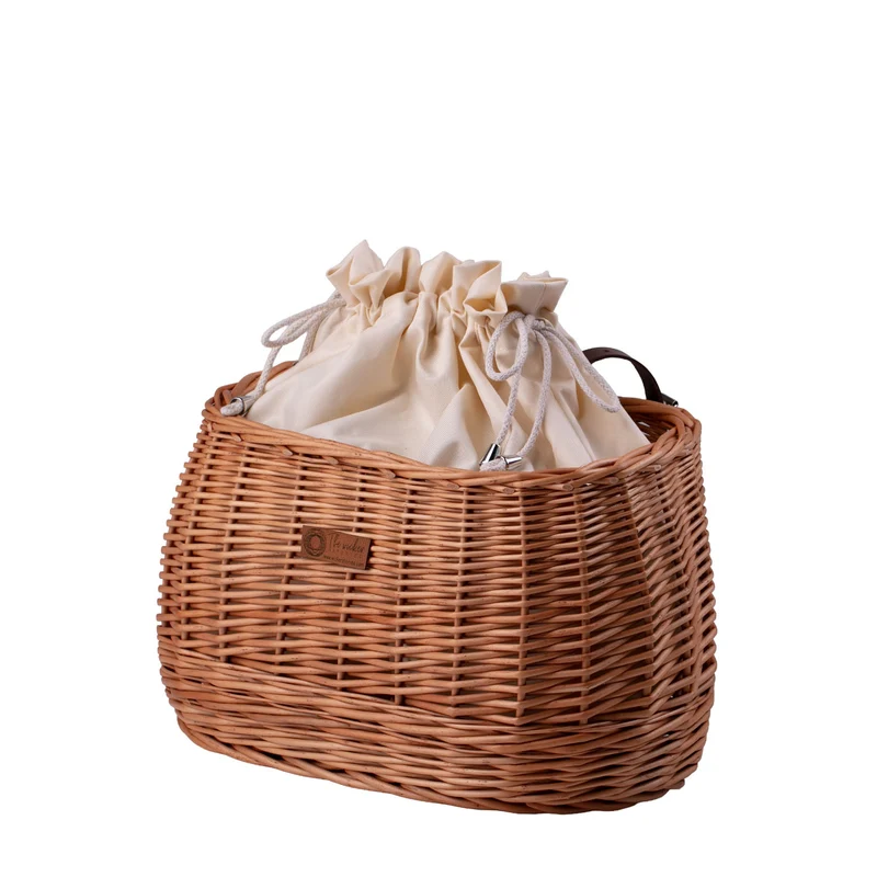 Marone wicker bike basket with cream trim, removable liner bag and leather straps TheWickerStories