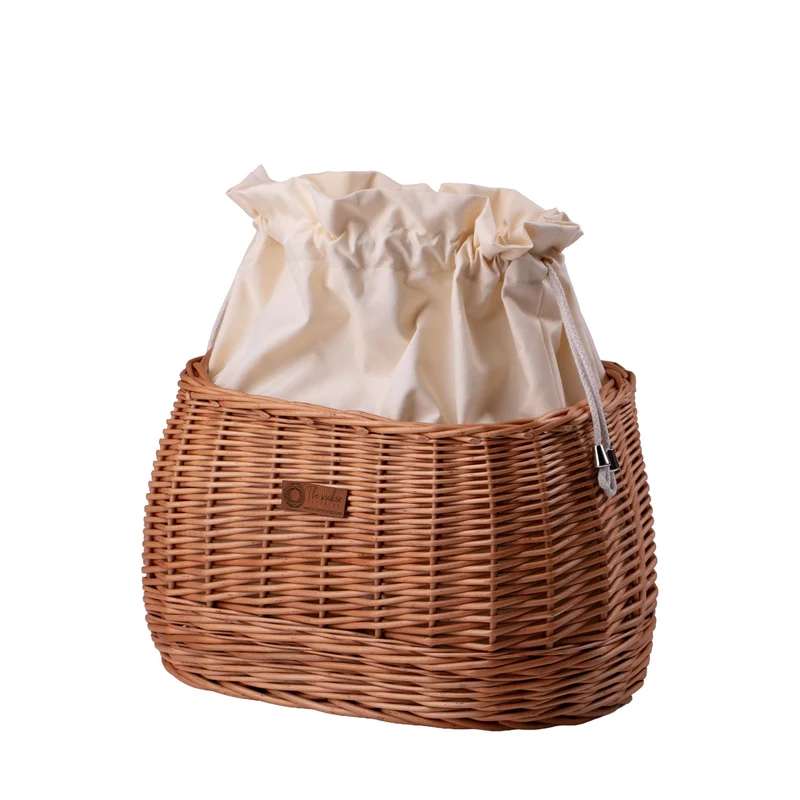 Marone wicker bike basket with cream trim, removable liner bag and leather straps TheWickerStories