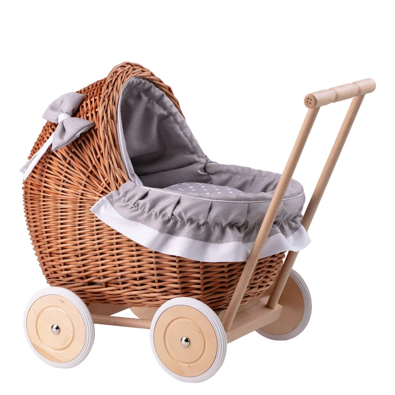 Lili wicker doll stroller with gray trim, blanket, and pillow TheWickerStories