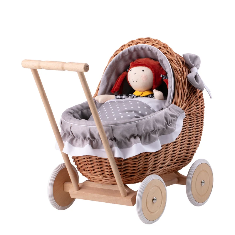 Lili wicker doll stroller with gray trim, blanket, and pillow TheWickerStories