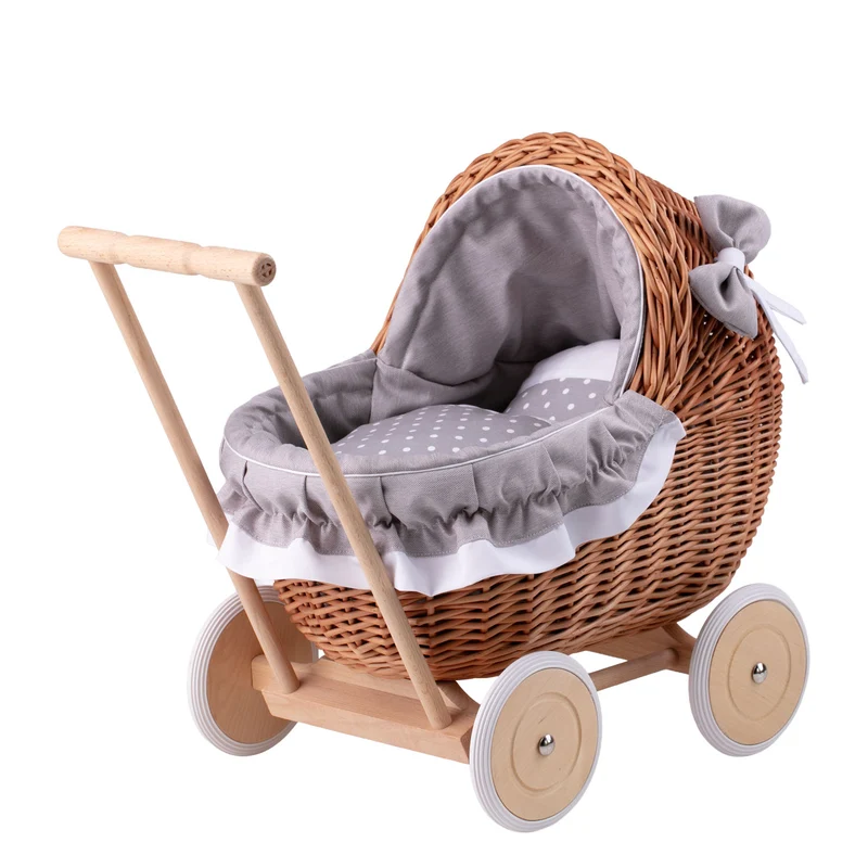 Lili wicker doll stroller with gray trim, blanket, and pillow TheWickerStories
