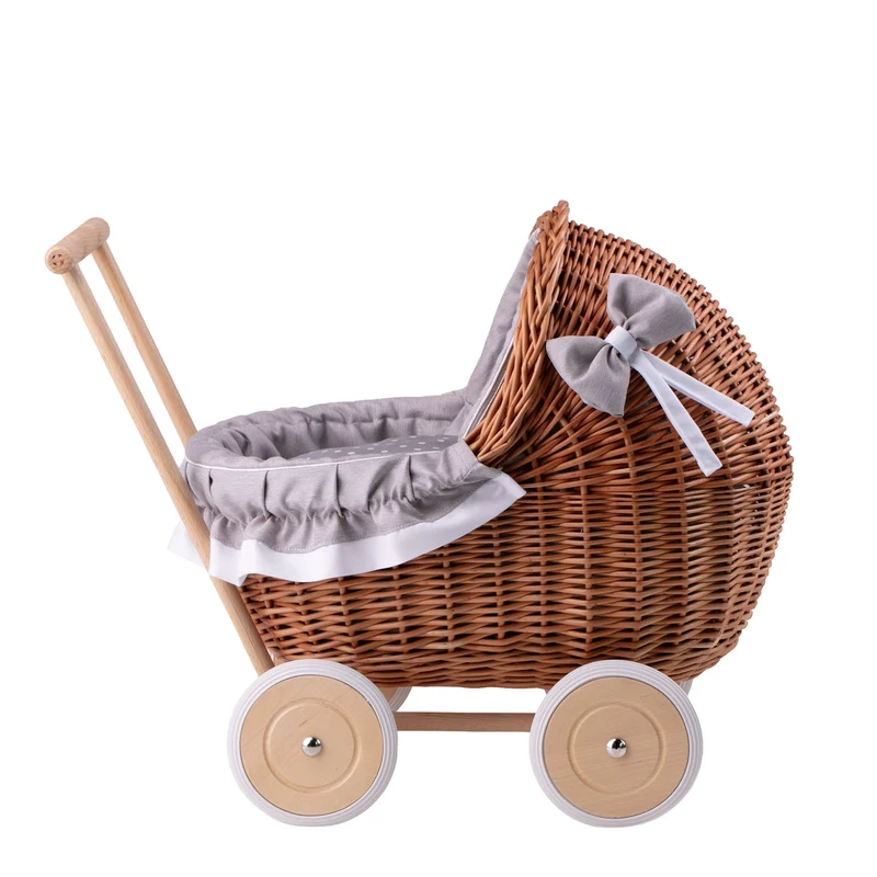 Lili wicker doll stroller with gray trim, blanket, and pillow TheWickerStories