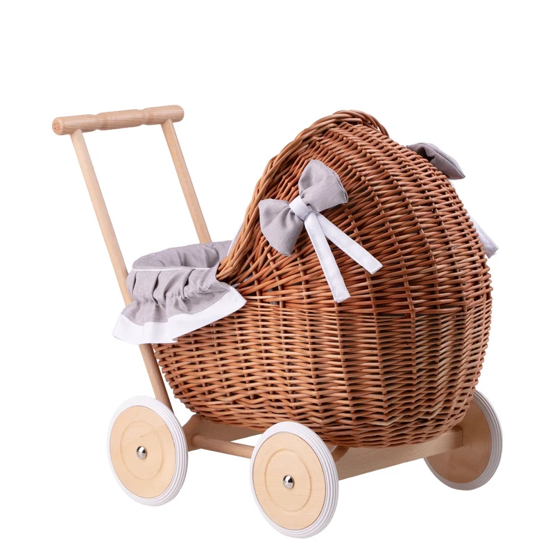 Lili wicker doll stroller with gray trim, blanket, and pillow TheWickerStories