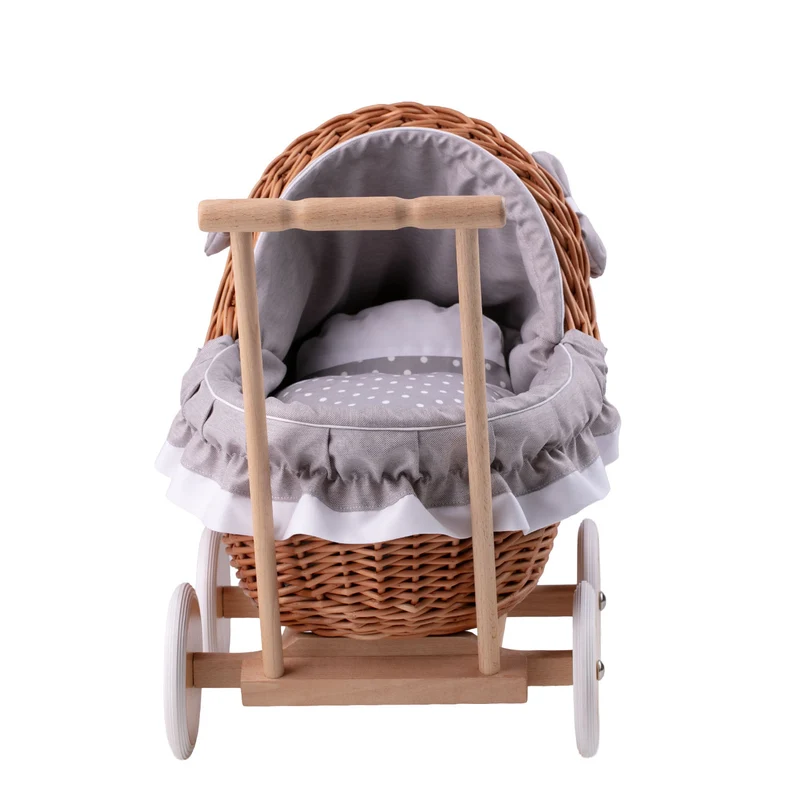 Lili wicker doll stroller with gray trim, blanket, and pillow TheWickerStories