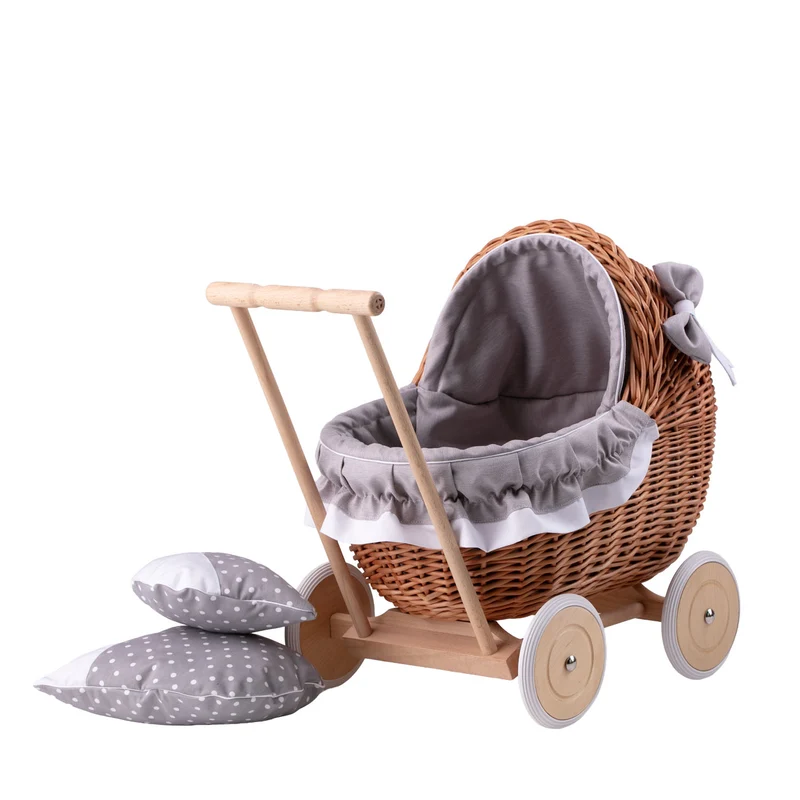 Lili wicker doll stroller with gray trim, blanket, and pillow TheWickerStories