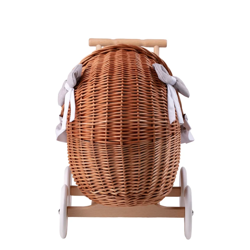 Lili wicker doll stroller with gray trim, blanket, and pillow TheWickerStories