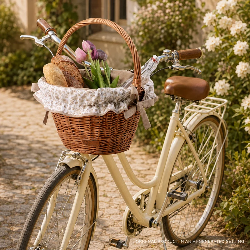 Paulus wicker bicycle basket with beige trim, leather straps and handle TheWickerStories