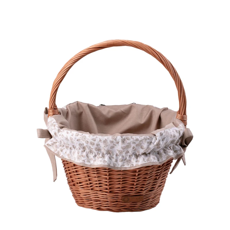 Paulus wicker bicycle basket with beige trim, leather straps and handle TheWickerStories