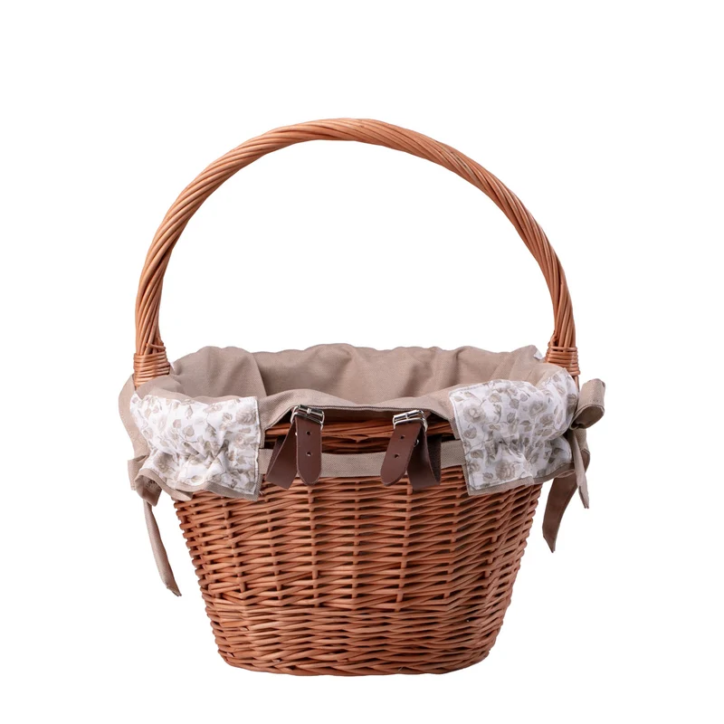 Paulus wicker bicycle basket with beige trim, leather straps and handle TheWickerStories