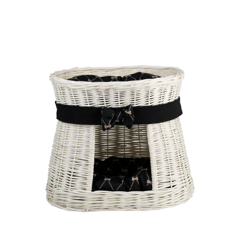 Erif wicker cat house with cushions and a bow, two levels TheWickerStories