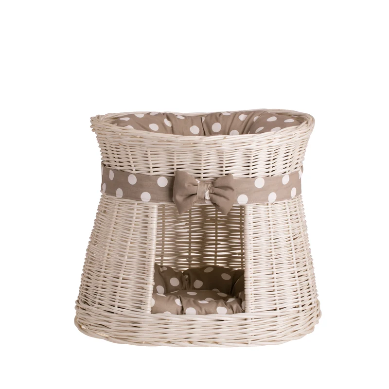 Erif wicker cat house with beige cushions, two-story, with a bow TheWickerStories