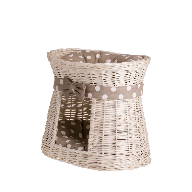 Erif wicker cat house with beige cushions, two-story, with a bow TheWickerStories