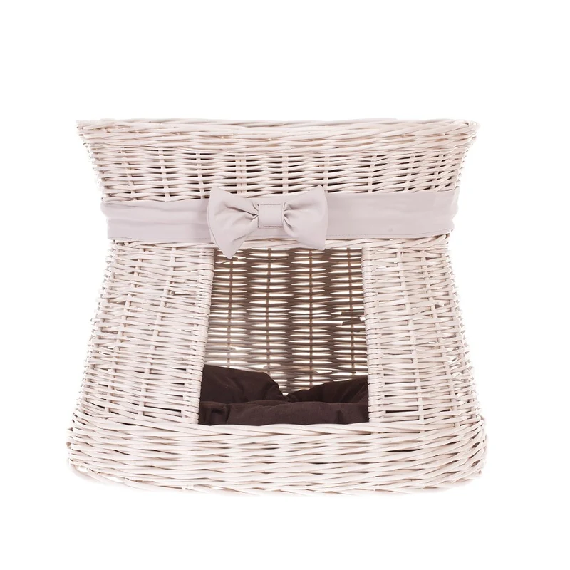 Erif two-level wicker cat house with brown cushions TheWickerStories