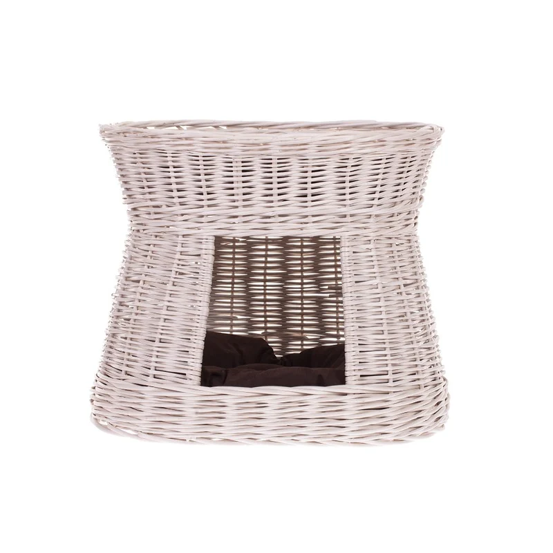 Erif two-level wicker cat house with brown cushions TheWickerStories