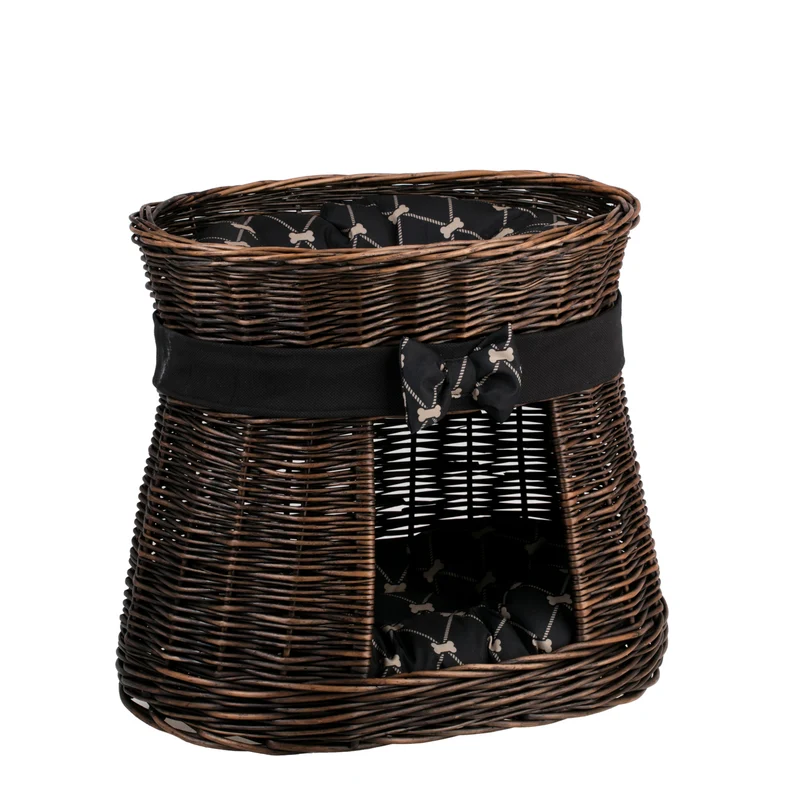 Erif wicker cat house with black trim, two cushions and a bow TheWickerStories