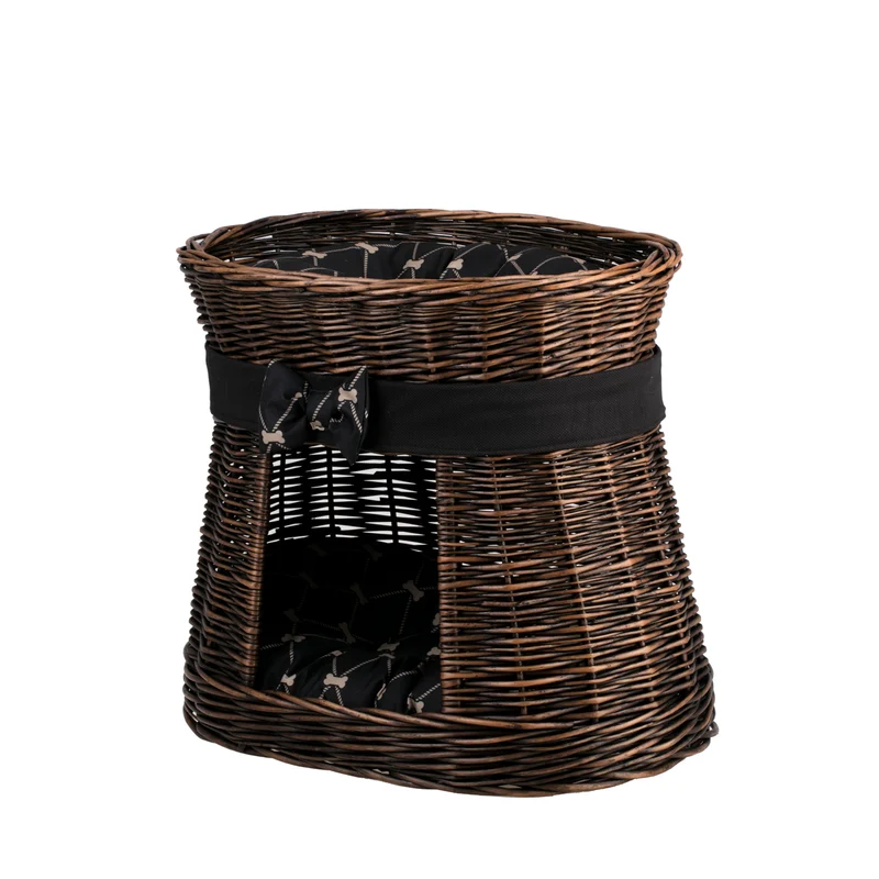 Erif wicker cat house with black trim, two cushions and a bow TheWickerStories