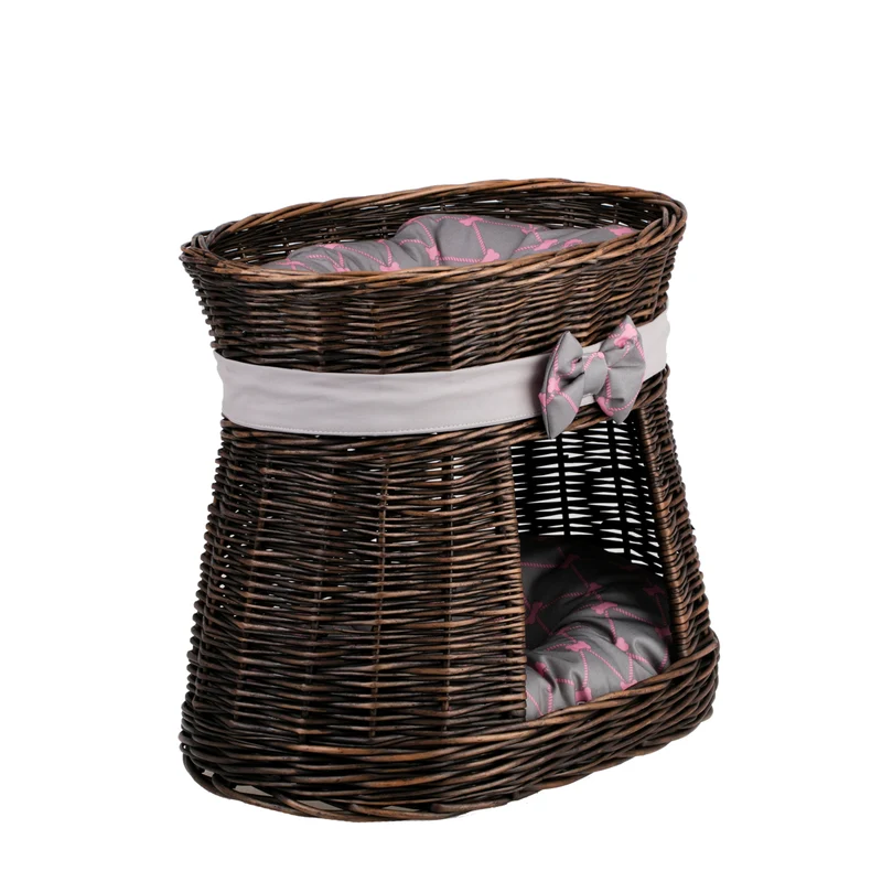 Erif wicker two-tier cat house with gray cushions and a decorative bow TheWickerStories
