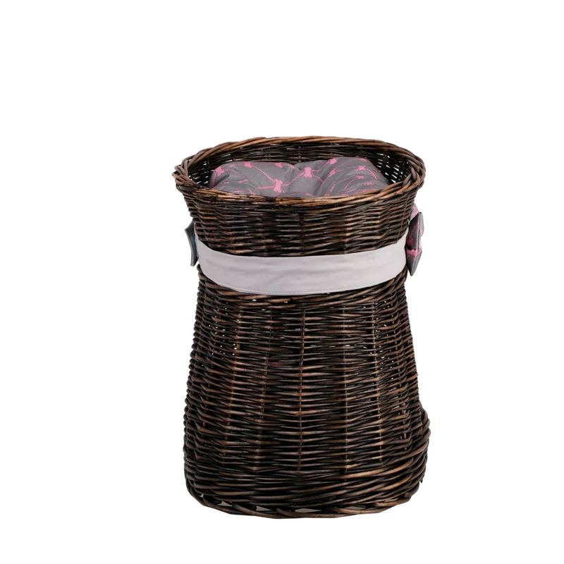 Erif wicker two-tier cat house with gray cushions and a decorative bow TheWickerStories