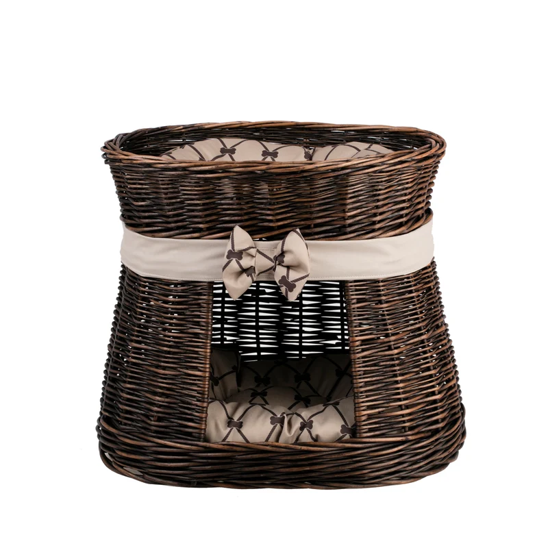 Erif wicker two-level cat house with beige trim, two cushions and a bow TheWickerStories