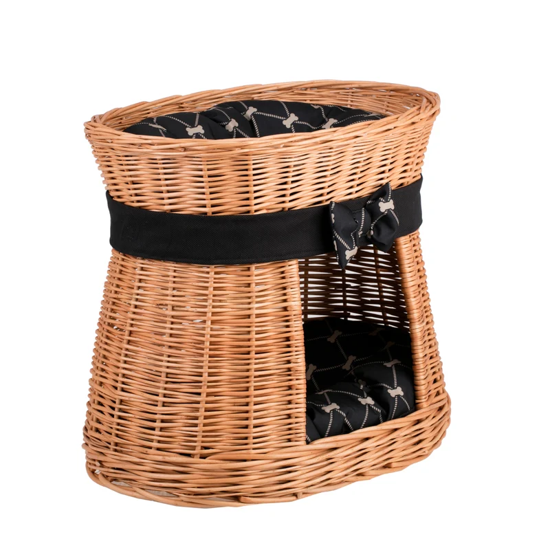 Erif two-level wicker cat house with black cushions and a bow TheWickerStories