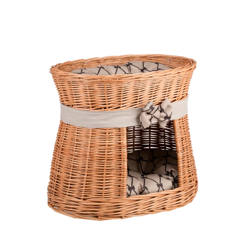 Erif wicker cat house with beige cushions and a bow, two-tier TheWickerStories