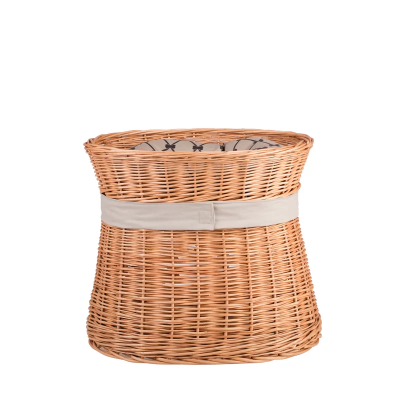 Erif wicker cat house with beige cushions and a bow, two-tier TheWickerStories