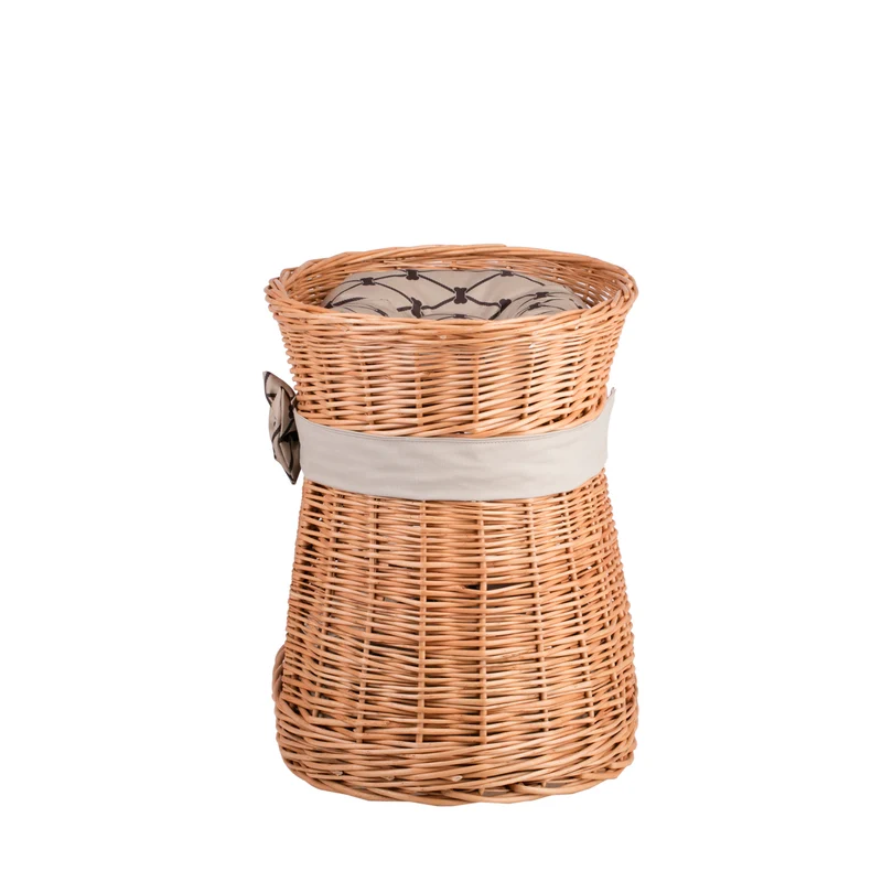 Erif wicker cat house with beige cushions and a bow, two-tier TheWickerStories