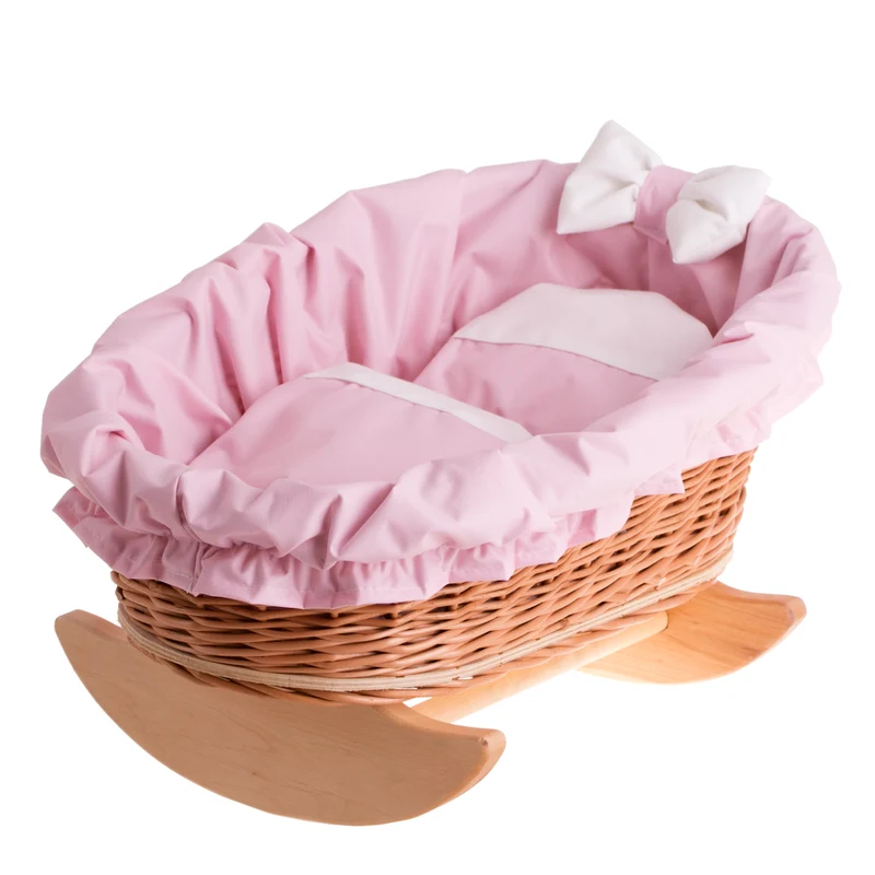 Mimi wicker cradle for dolls with pink trim, pillow and blanket TheWickerStories