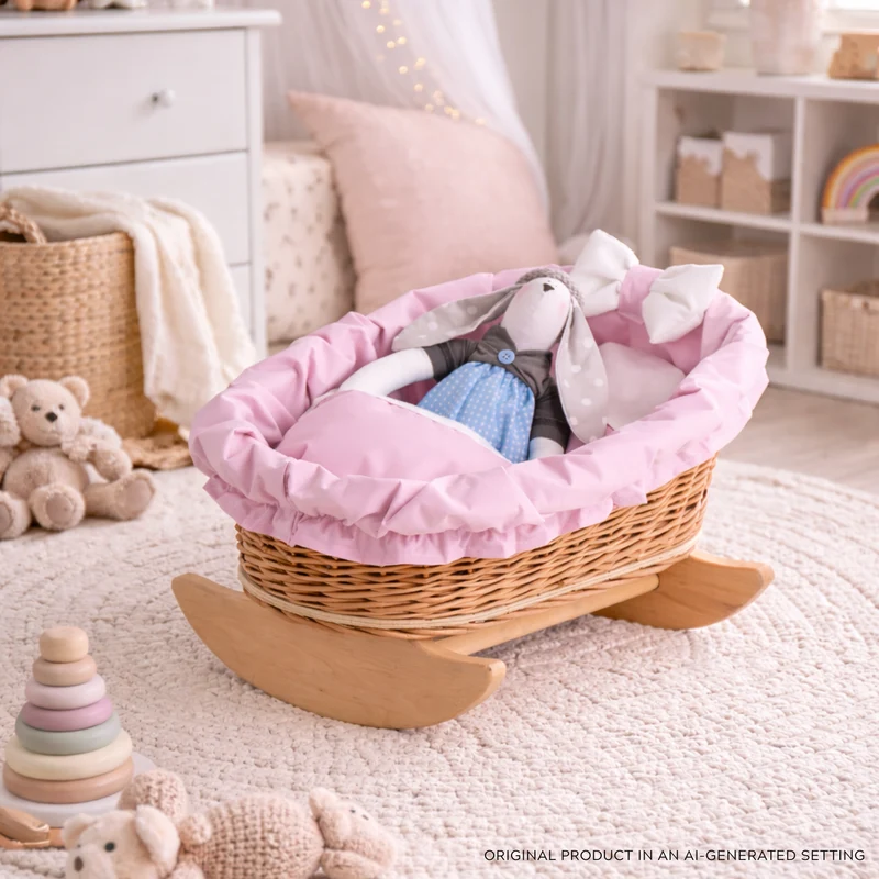 Mimi wicker cradle for dolls with pink trim, pillow and blanket TheWickerStories