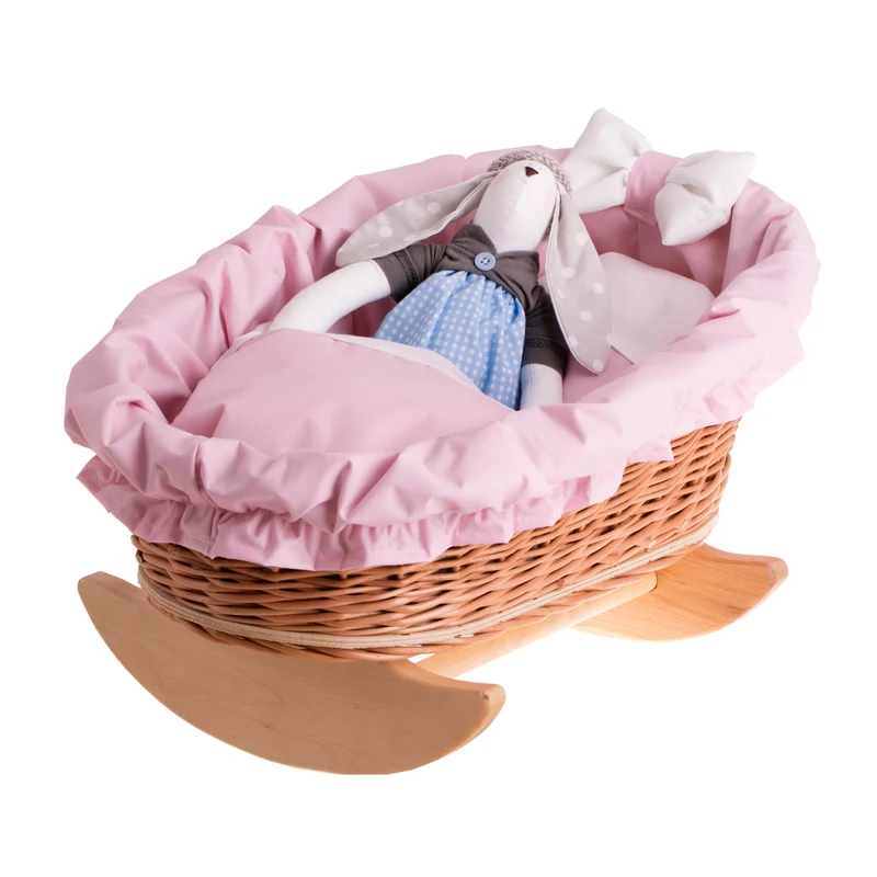 Mimi wicker cradle for dolls with pink trim, pillow and blanket TheWickerStories