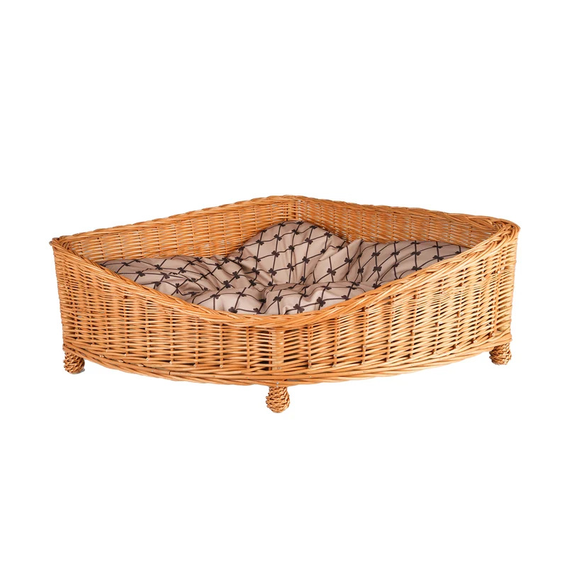 Evania wicker corner pet bed for dogs and cats with cushion and legs TheWickerStories