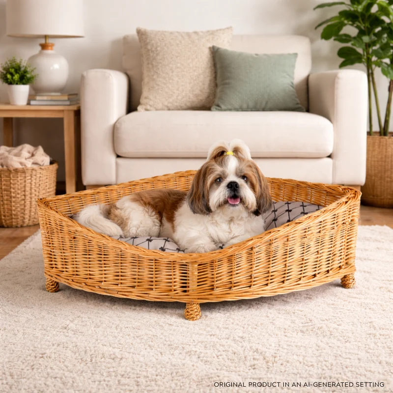 Evania wicker corner pet bed for dogs and cats with cushion and legs TheWickerStories