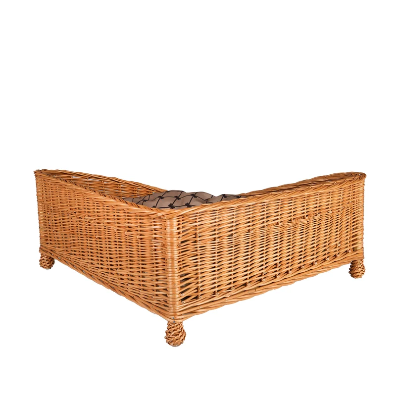 Evania wicker corner pet bed for dogs and cats with cushion and legs TheWickerStories