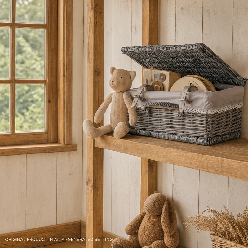 Viviana wicker suitcase with gray trim, handle and closure TheWickerStories