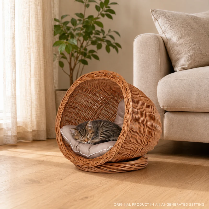 Elson wicker pet bed with beige cushion TheWickerStories
