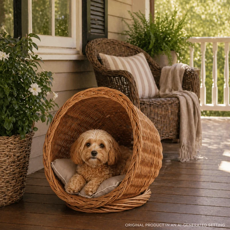 Elson wicker pet bed with beige cushion TheWickerStories