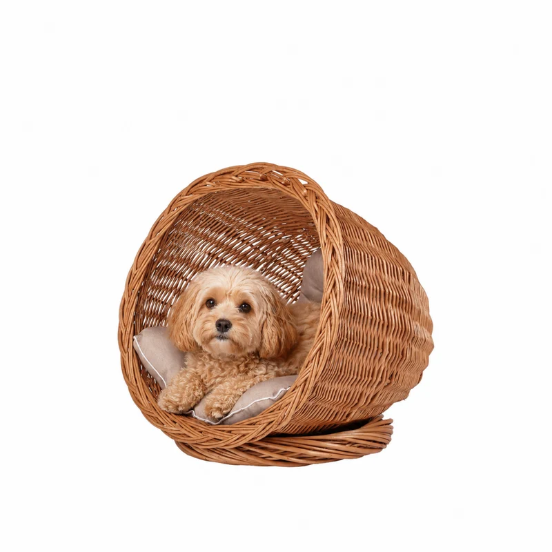 Elson wicker pet bed with beige cushion TheWickerStories