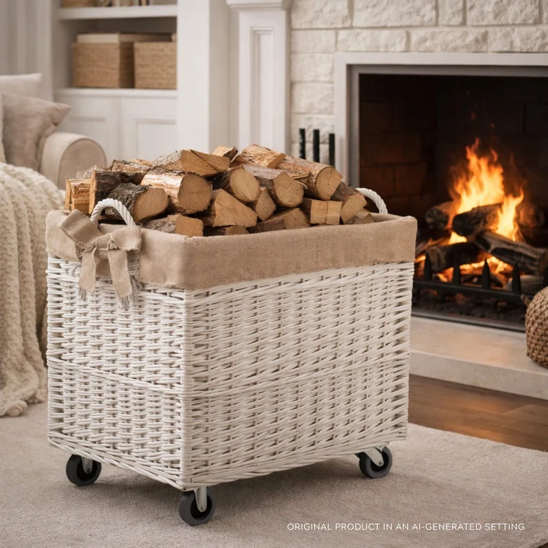 Salux wicker firewood basket with jute trim, handles and wheels TheWickerStories