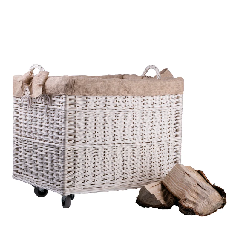 Salux wicker firewood basket with jute trim, handles and wheels TheWickerStories