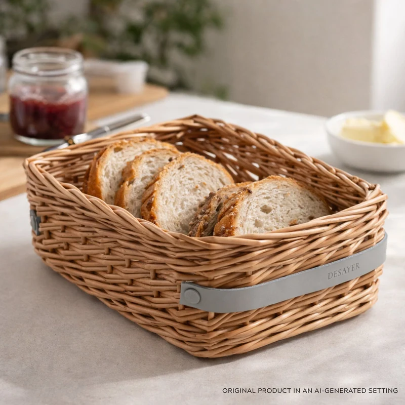 Desayer wicker basket for storing and serving bread, with two leather handles TheWickerStories
