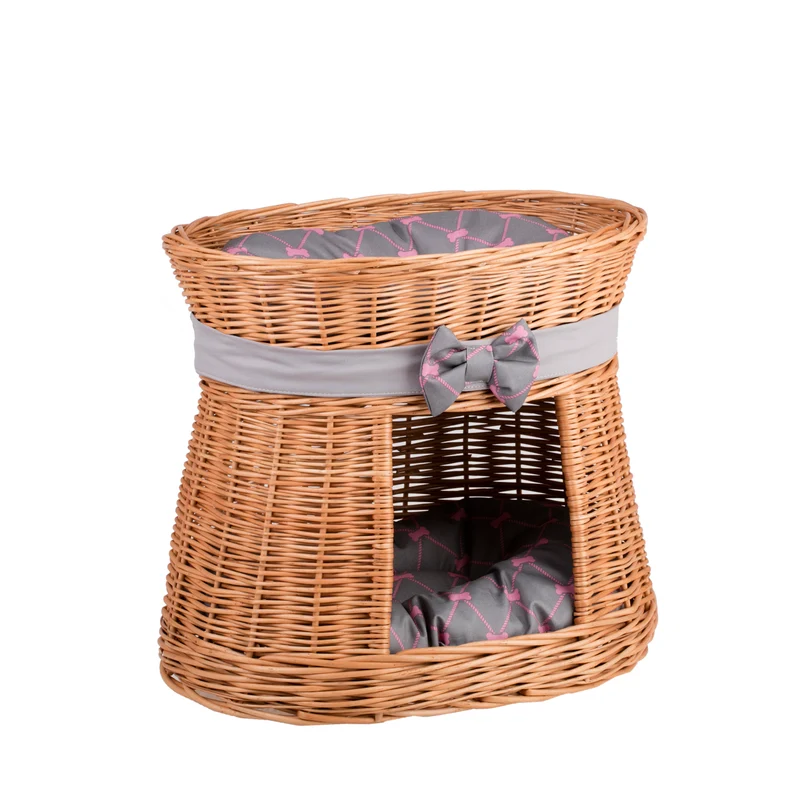 Erif wicker cat house with two levels, gray cushions and a bow TheWickerStories