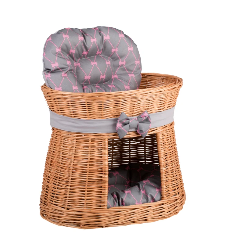 Erif wicker cat house with two levels, gray cushions and a bow TheWickerStories