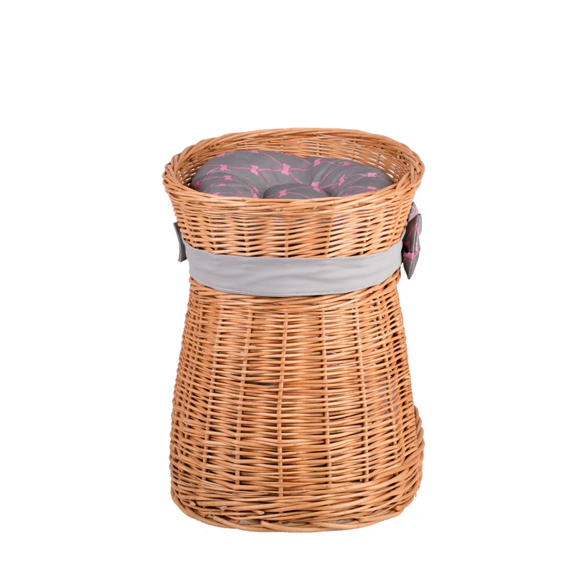 Erif wicker cat house with two levels, gray cushions and a bow TheWickerStories
