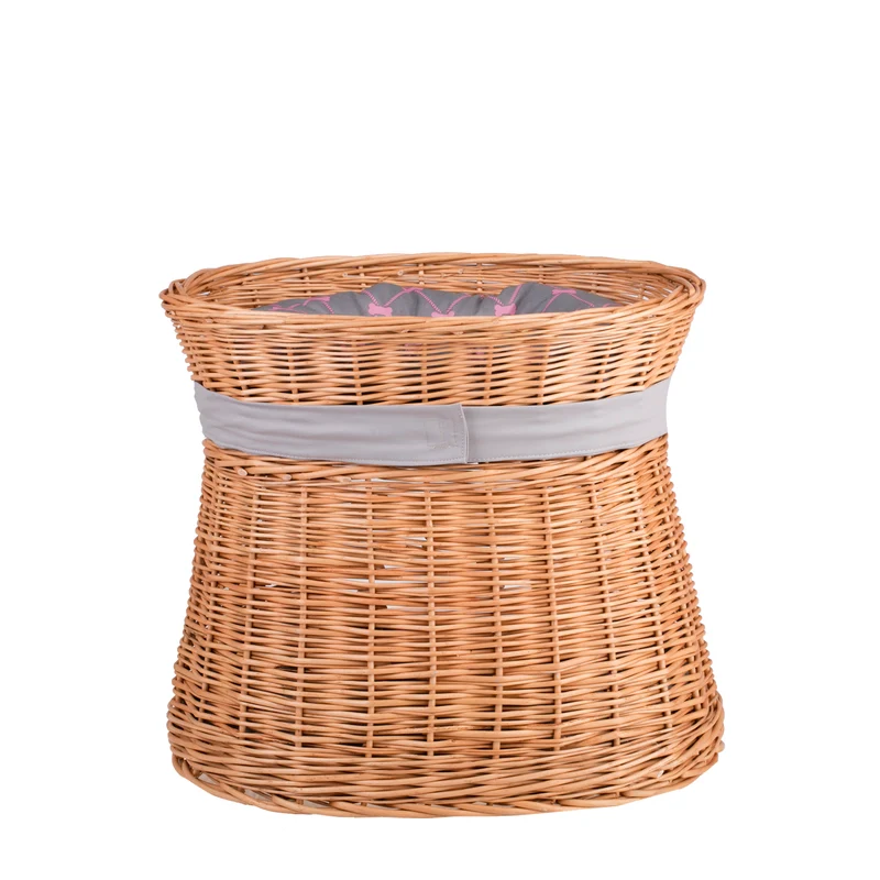 Erif wicker cat house with two levels, gray cushions and a bow TheWickerStories