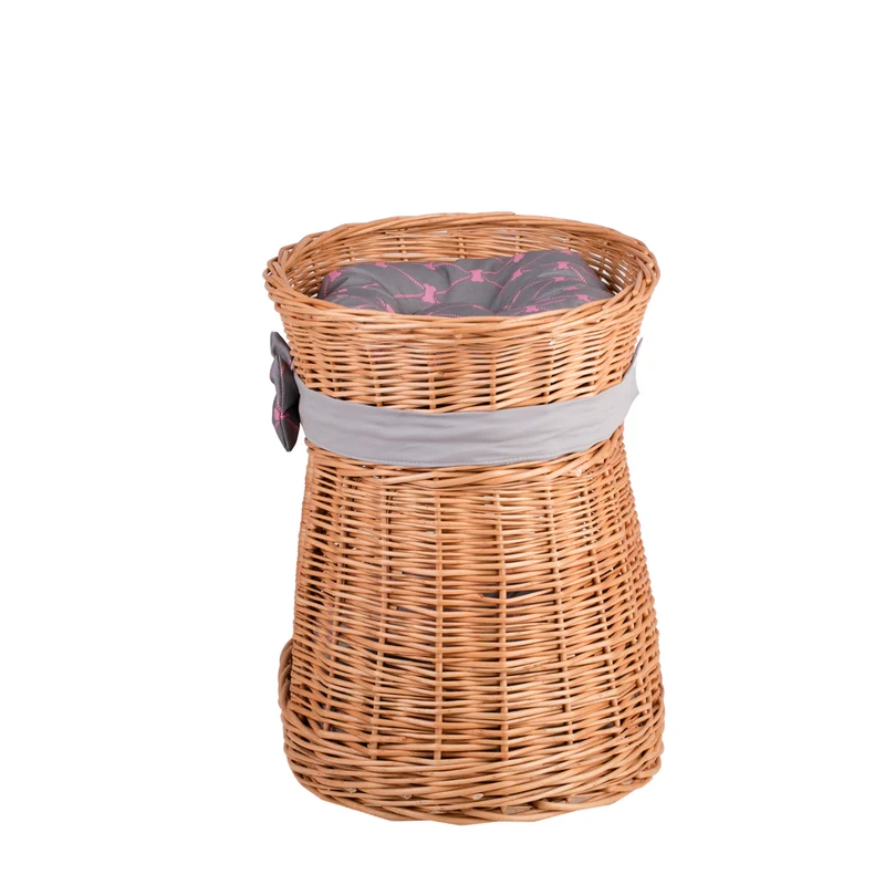 Erif wicker cat house with two levels, gray cushions and a bow TheWickerStories