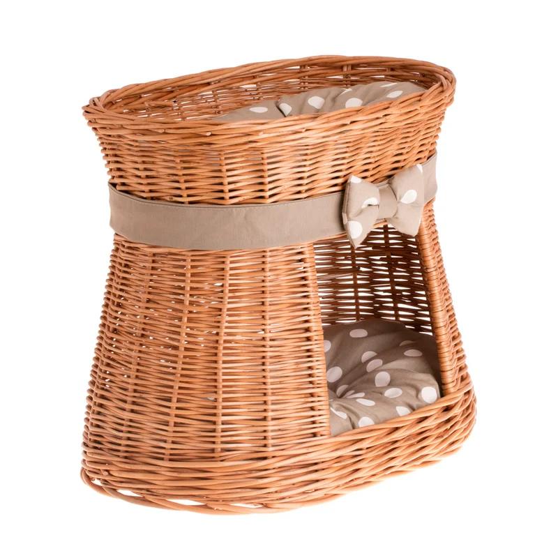 Erif wicker cat house with beige cushions, two-tier, with a bow TheWickerStories