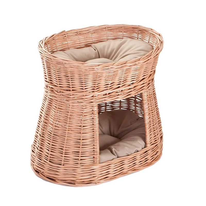 Erif wicker cat house with two tiers and beige cushions TheWickerStories