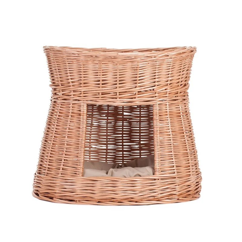 Erif wicker cat house with two tiers and beige cushions TheWickerStories
